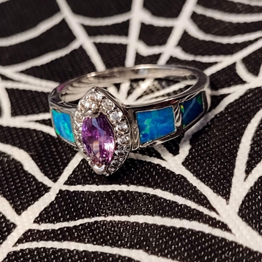Size 8 - Sterling Silver Plated Purple Amethyst and Blue Green Opal Ring